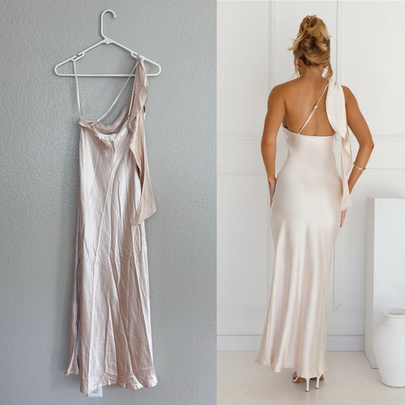 Selfie Leslie ROMANTIC TALES SATIN ONE SHOULDER MAXI DRESS CHAMPAGNE - Picture 2 of 5